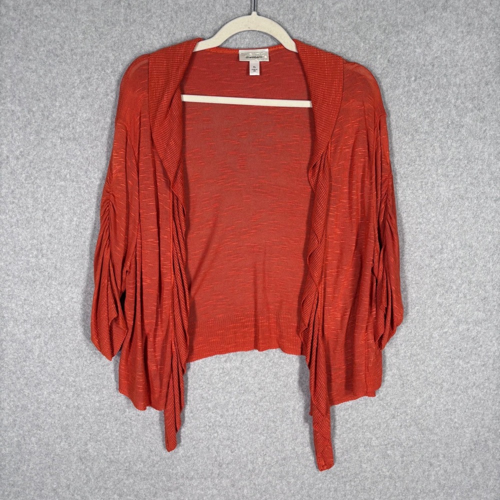 Dressbarn Ruffle Cardigan XL Orange Open Front Ruched Feminine Boho Burnout